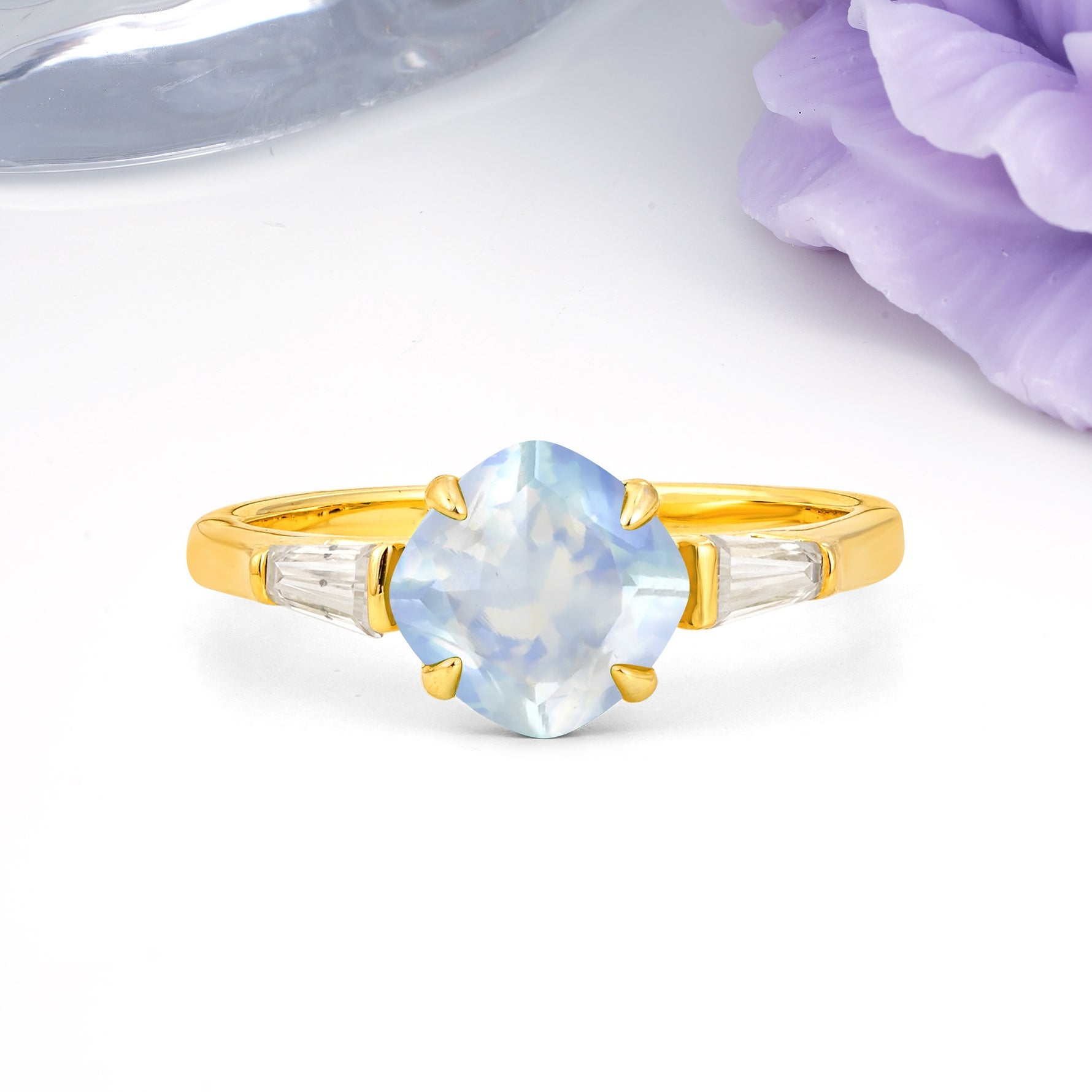 Classic, Minimalist 4-Prong Princess Cut Moonstone Engagement Ring - Additional view