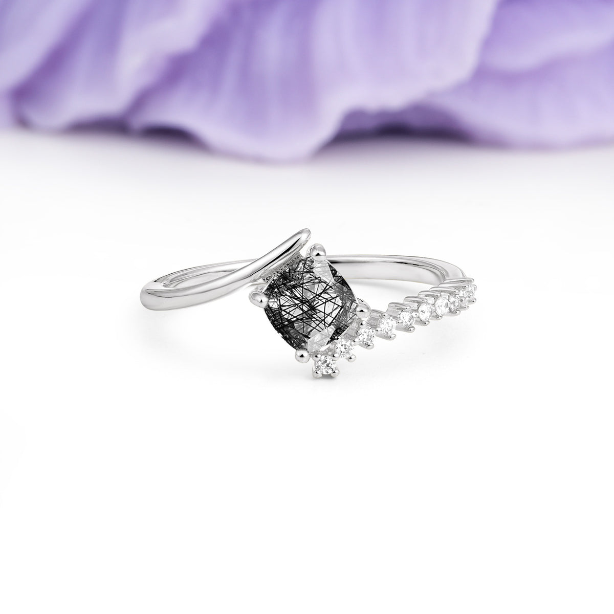 Classic Twisted 4-Prong Princess Cut Black Rutilated Quartz Engagement Ring - Additional view