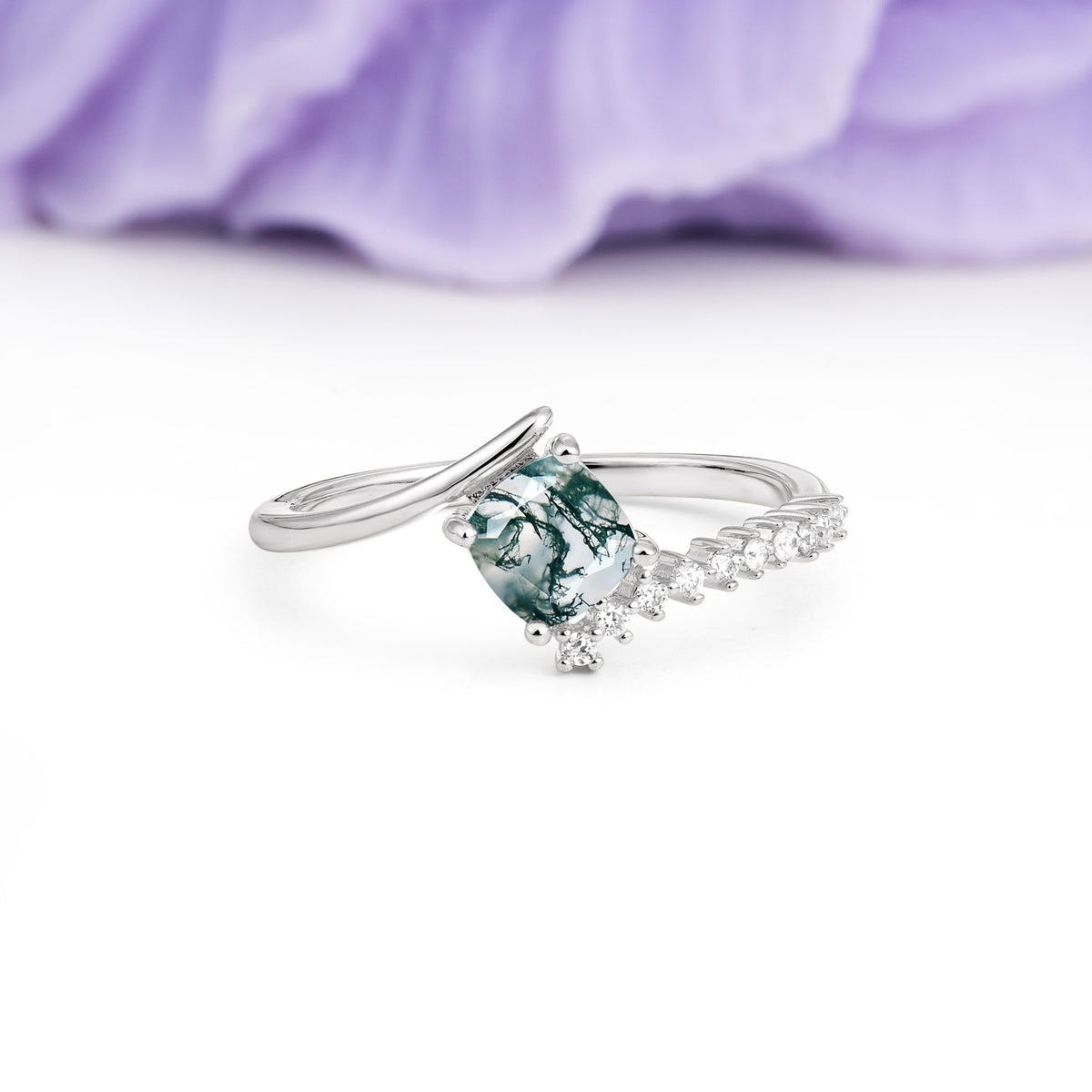 Classic Twisted 4-Prong Princess Cut Moss Agate Engagement Ring - Additional view