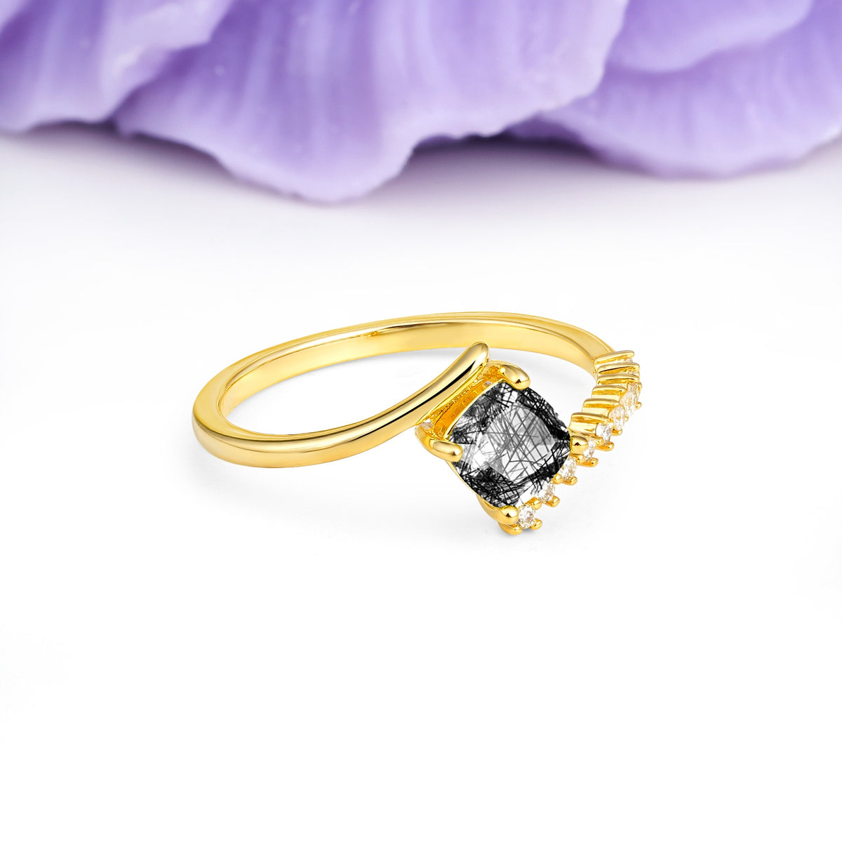 Classic Twisted 4-Prong Princess Cut Black Rutilated Quartz Engagement Ring - Additional view