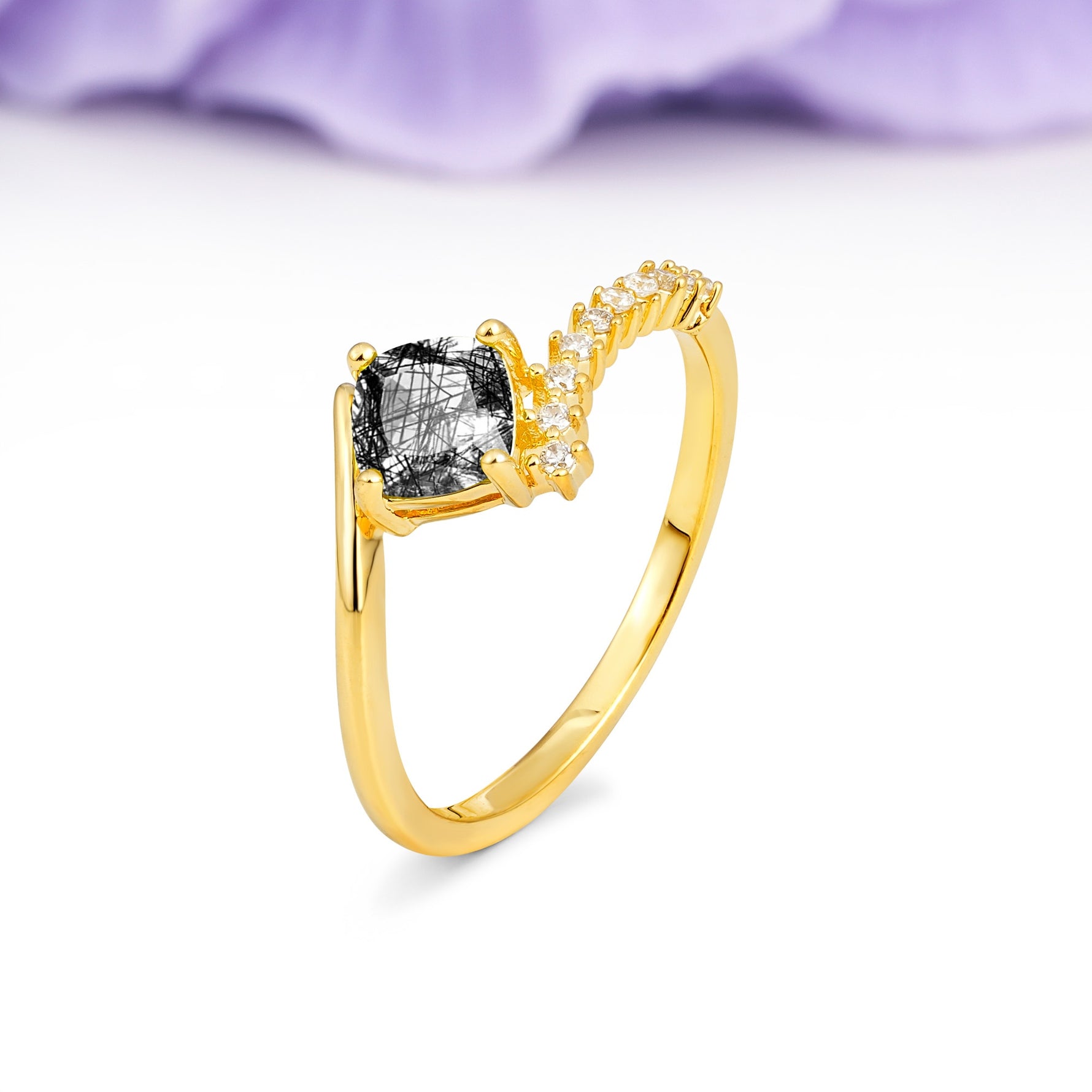 Classic Twisted 4-Prong Princess Cut Black Rutilated Quartz Engagement Ring - Additional view