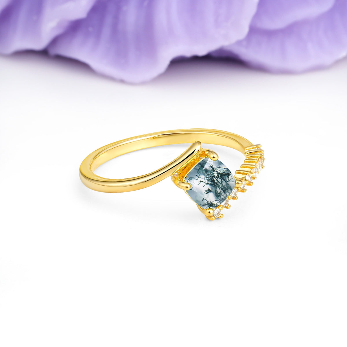 Classic Twisted 4-Prong Princess Cut Moss Agate Engagement Ring - Additional view