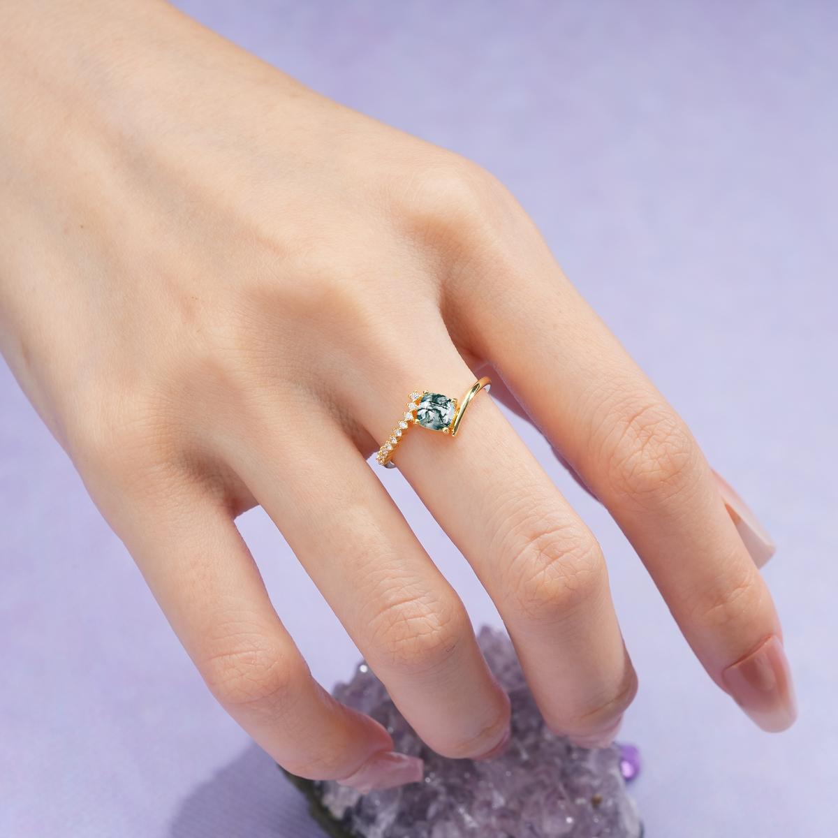 Classic Twisted 4-Prong Princess Cut Moss Agate Engagement Ring