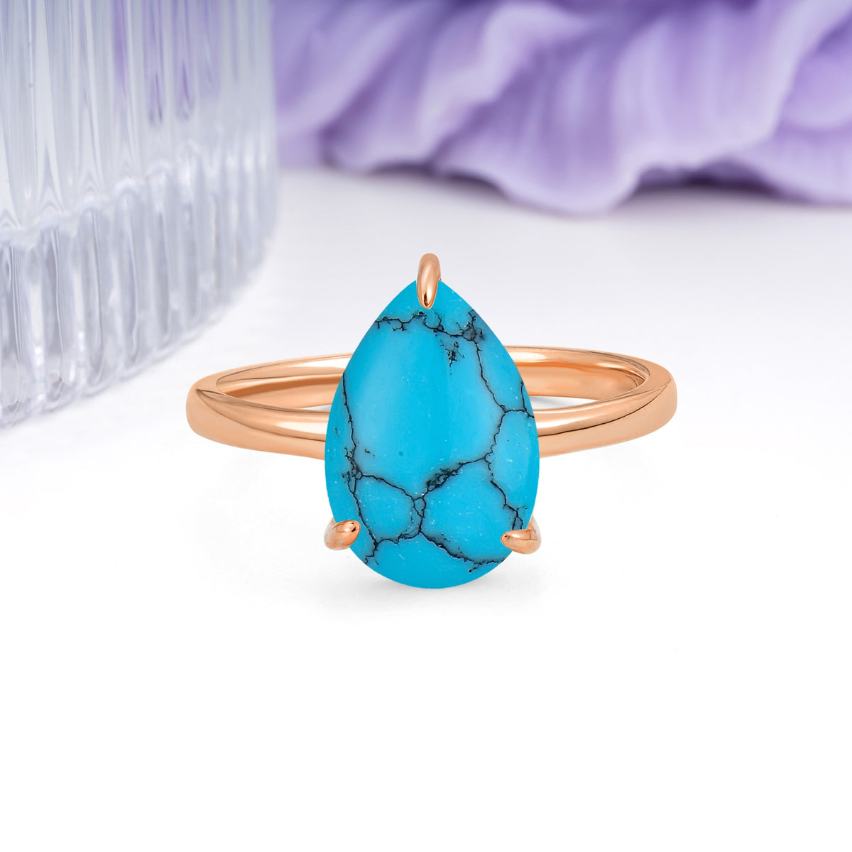 Classic Minimalist 3 Prong Pear Cut Turquoise Engagement Ring - Additional view