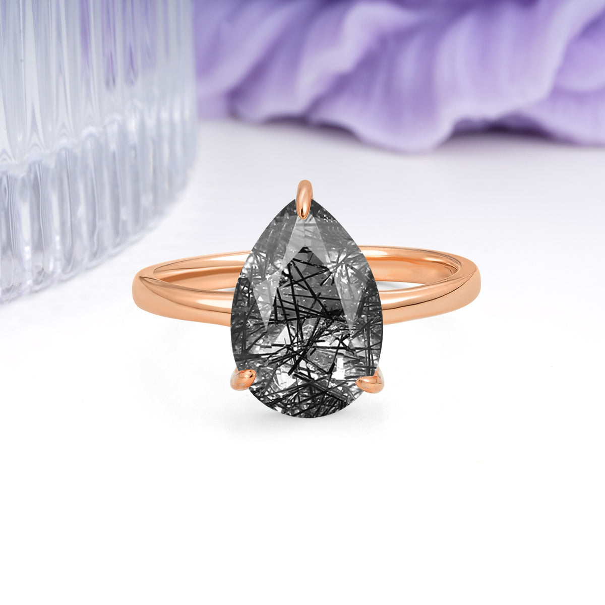 Classic Minimalist 3 Prong Pear Cut Black Rutilated Quartz Engagement Ring - Additional view