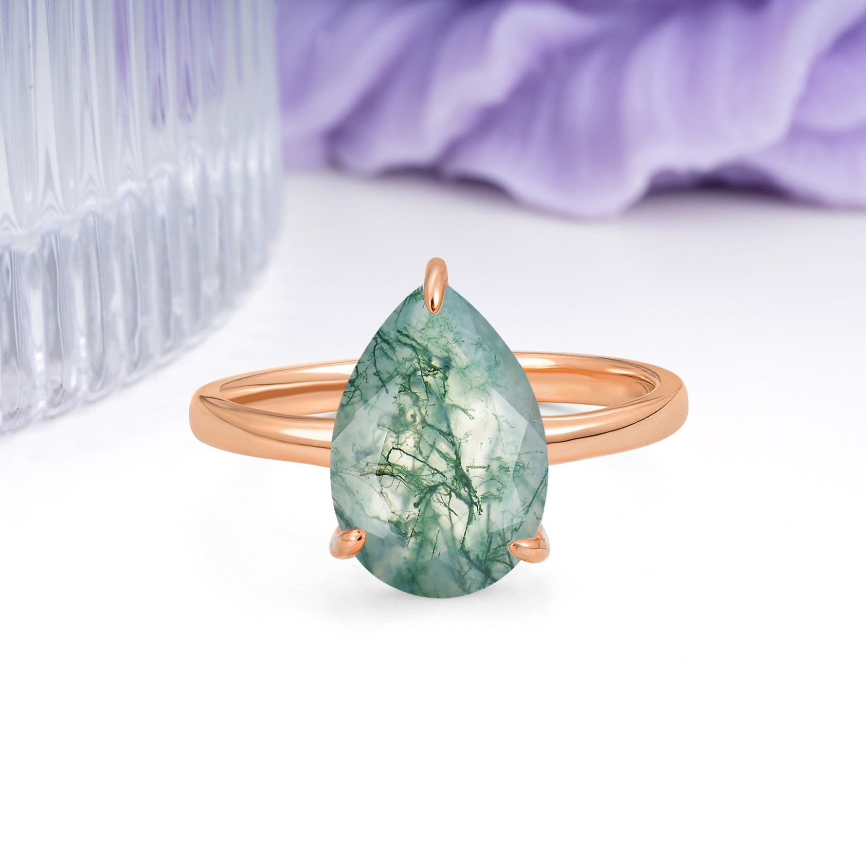Classic Minimalist 3 Prong Pear Cut Moss Agate Engagement Ring - Additional view