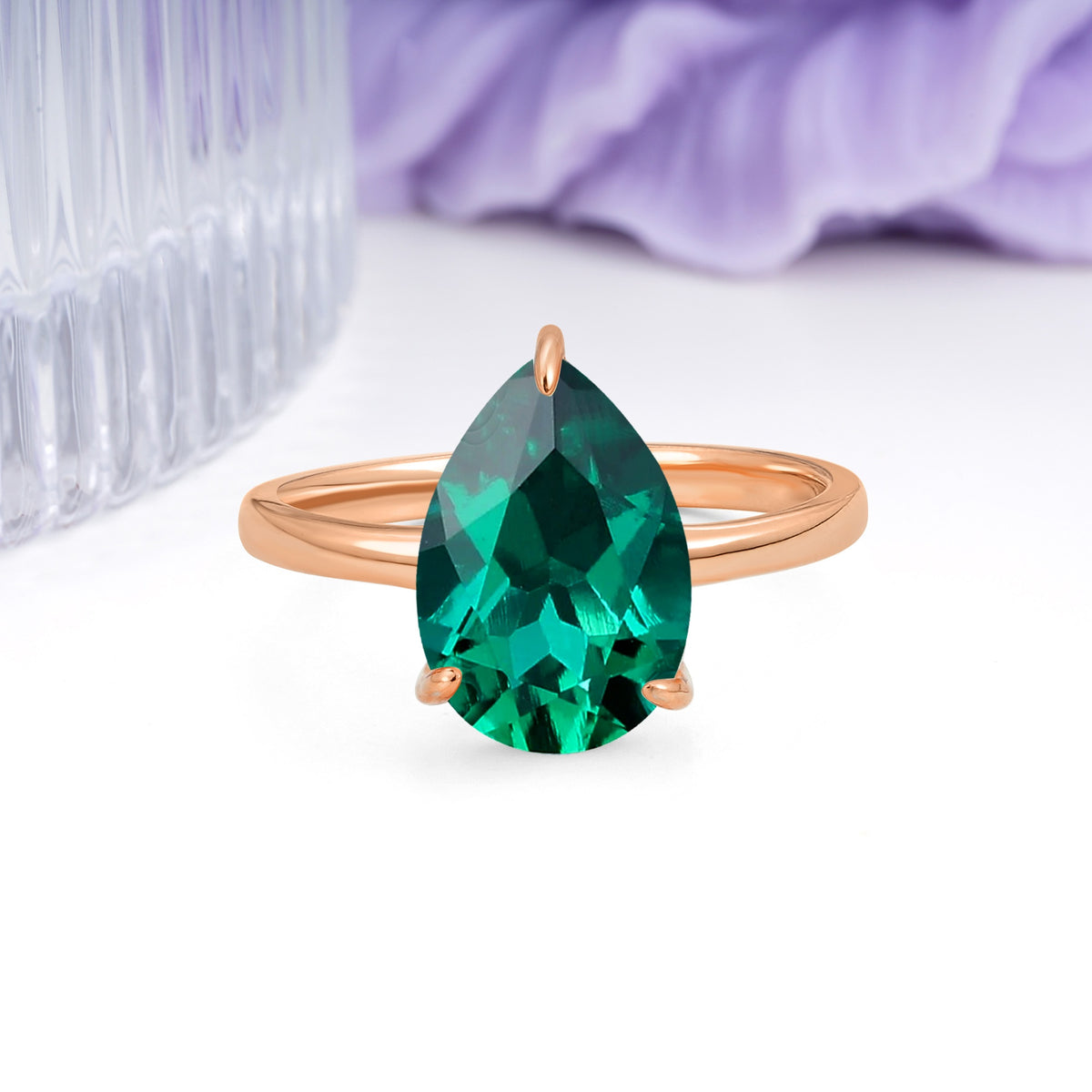 Classic Minimalist 3 Prong Pear Cut Emerald Engagement Ring - Additional view