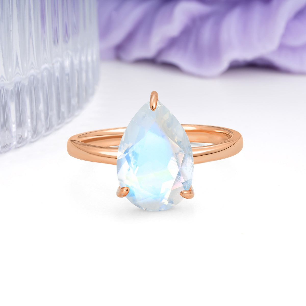 Classic Minimalist 3 Prong Pear Cut Moonstone Engagement Ring - Additional view