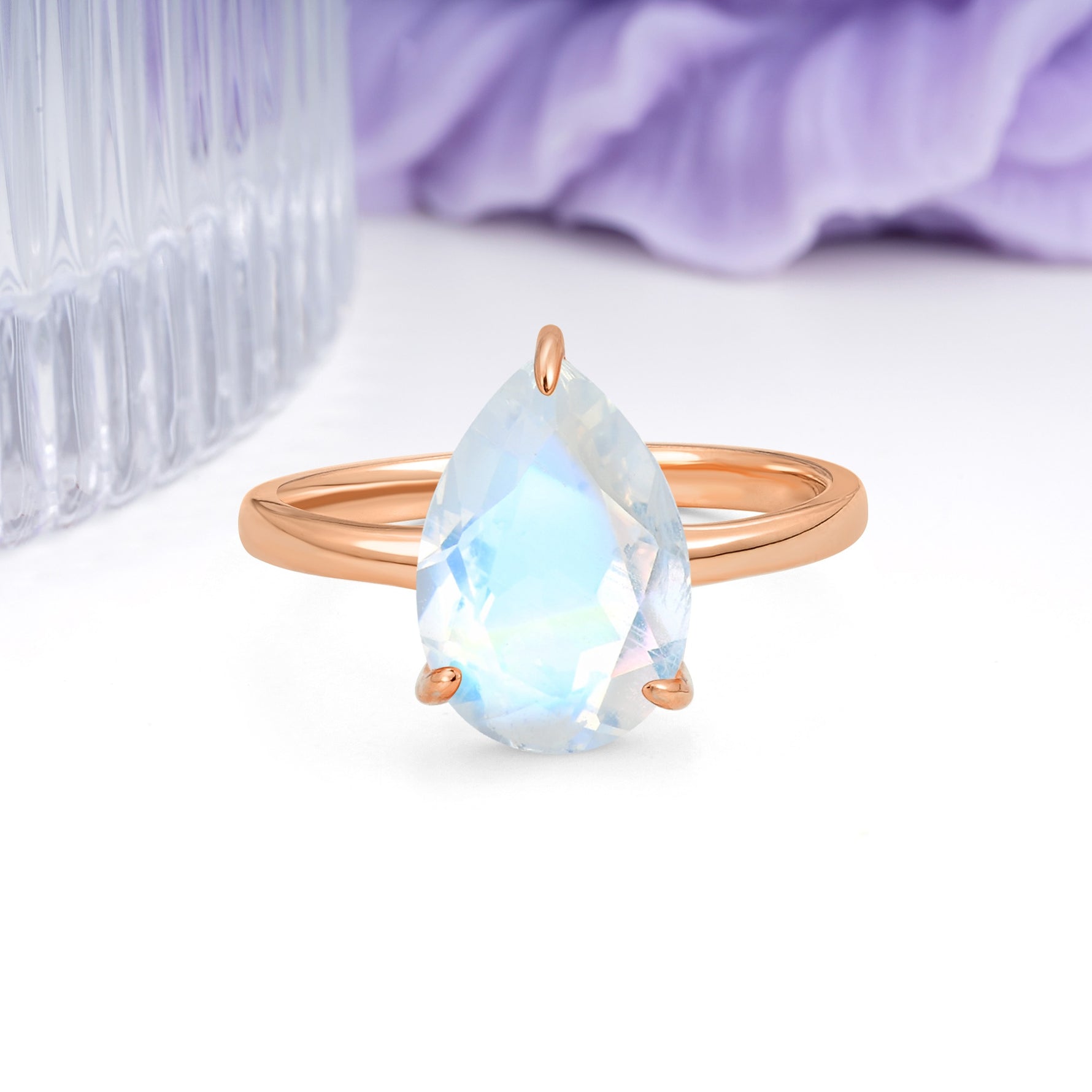 Classic Minimalist 3 Prong Pear Cut Moonstone Engagement Ring - Additional view
