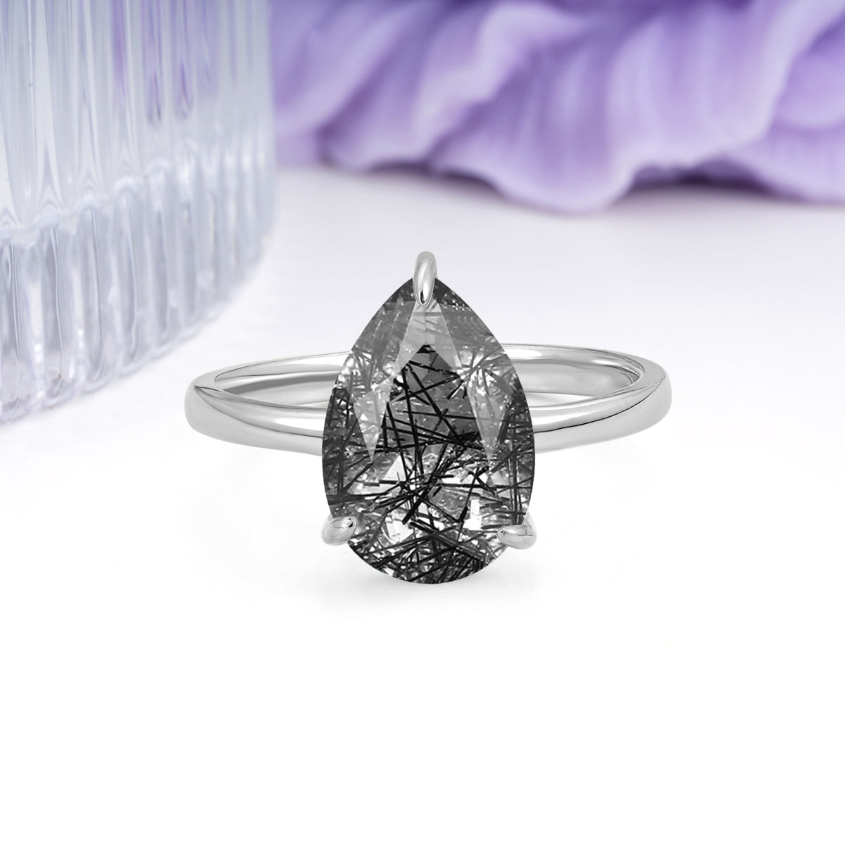 Classic Minimalist 3 Prong Pear Cut Black Rutilated Quartz Engagement Ring - Additional view