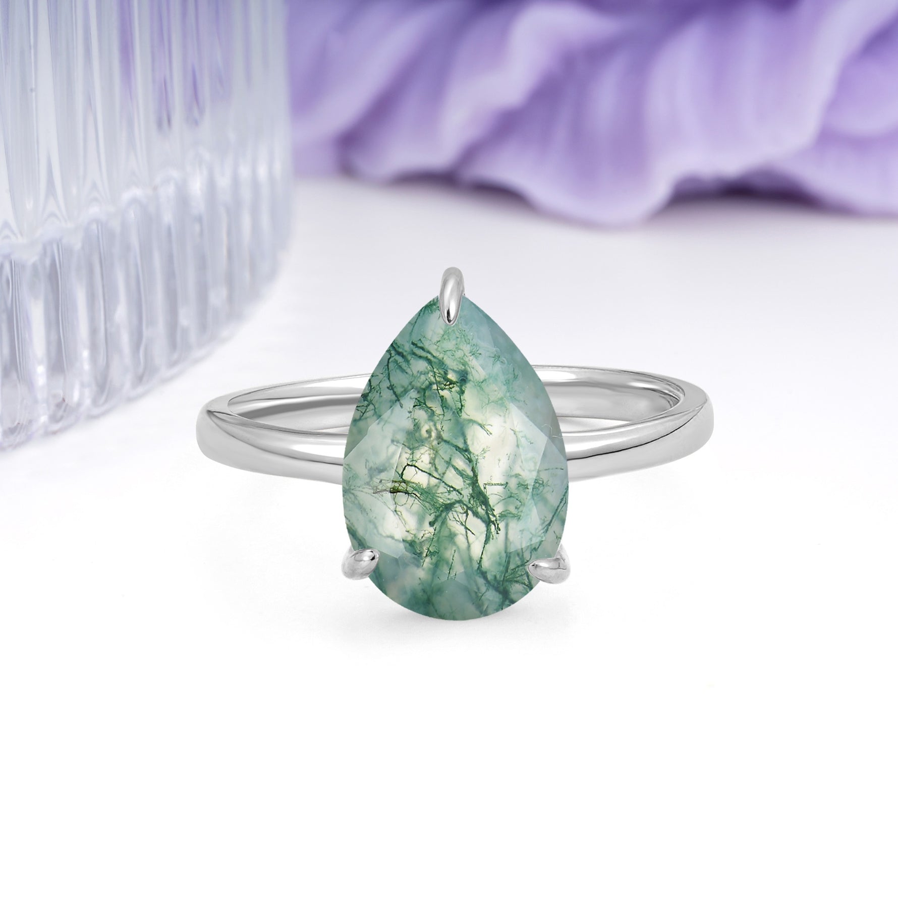 Classic Minimalist 3 Prong Pear Cut Moss Agate Engagement Ring - Additional view