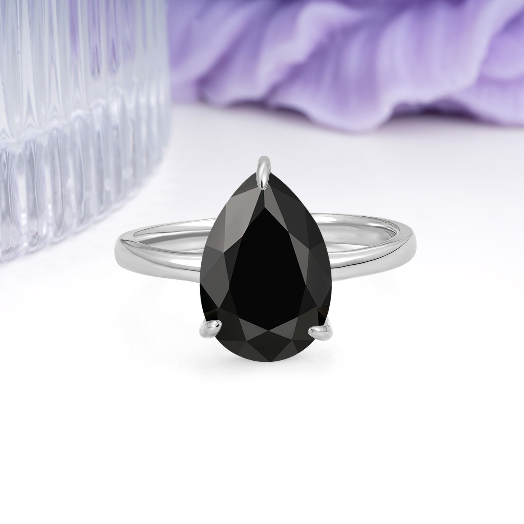 Classic Minimalist 3 Prong Pear Cut Black Onyx Engagement Ring - Additional view