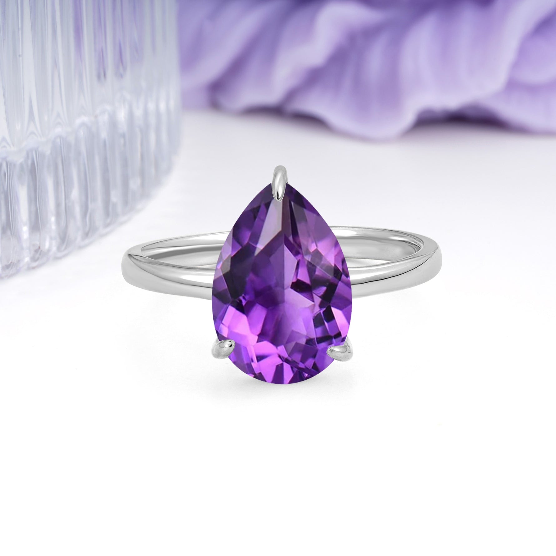 Classic Minimalist 3 Prong Pear Cut Amethyst Engagement Ring - Additional view
