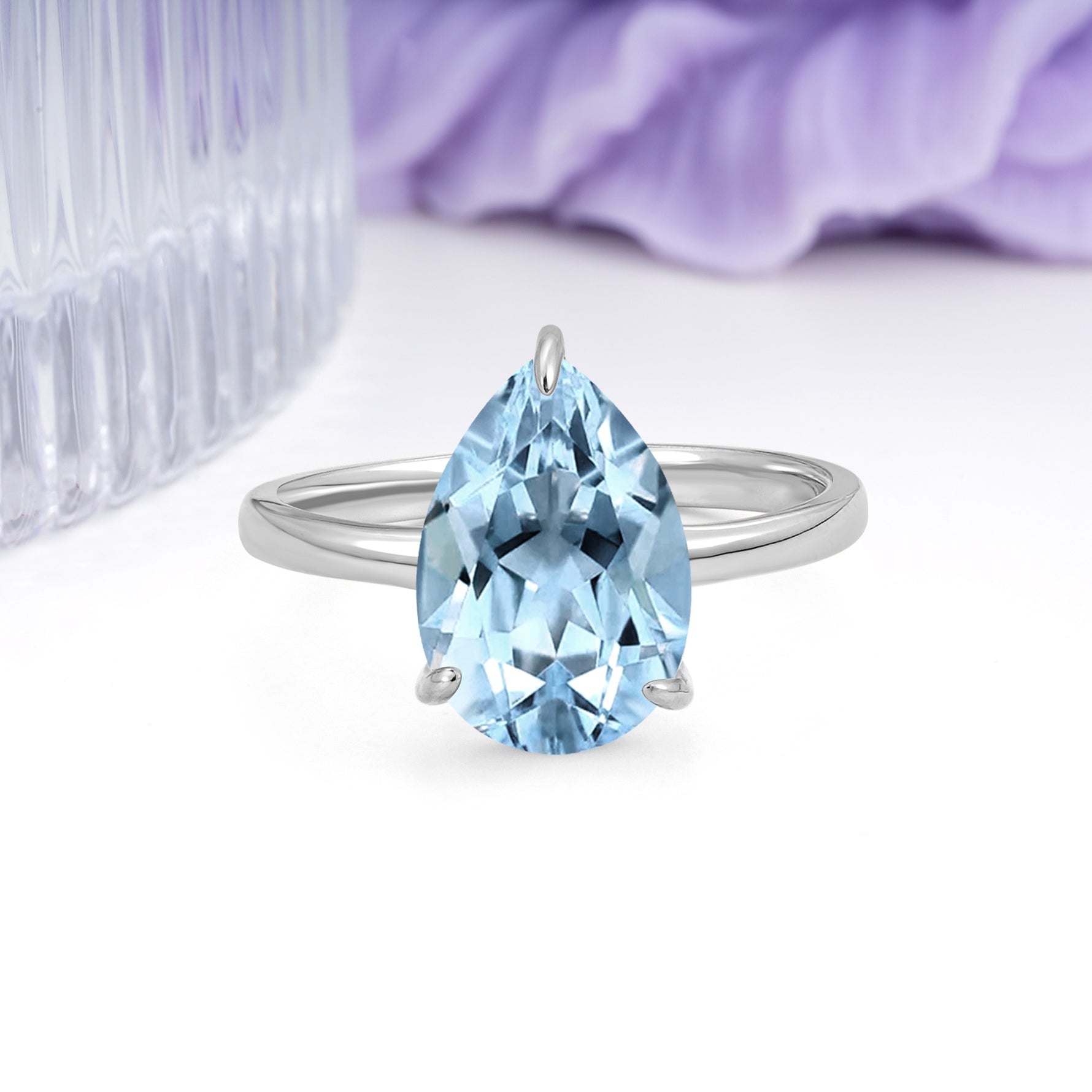 Classic Minimalist 3 Prong Pear Cut Aquamarine Engagement Ring - Additional view