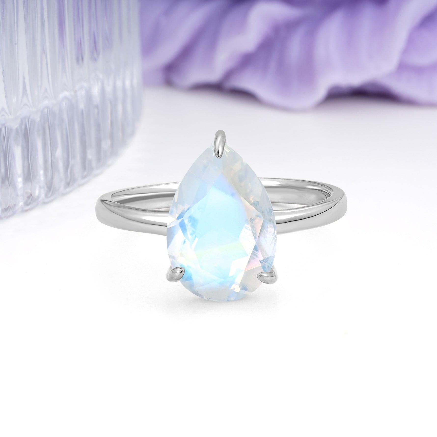 Classic Minimalist 3 Prong Pear Cut Moonstone Engagement Ring - Additional view