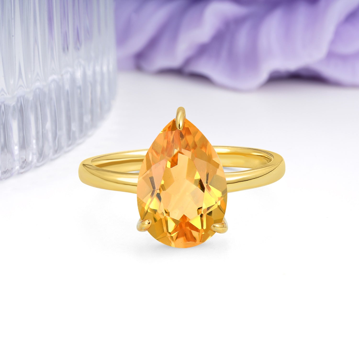 Classic Minimalist 3 Prong Pear Cut Citrine Engagement Ring - Additional view