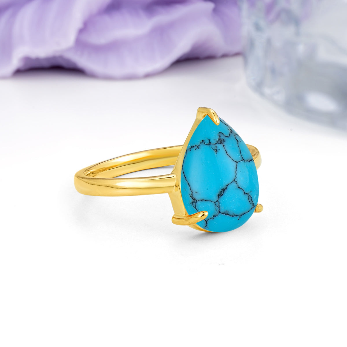 Classic Minimalist 3 Prong Pear Cut Turquoise Engagement Ring - Additional view
