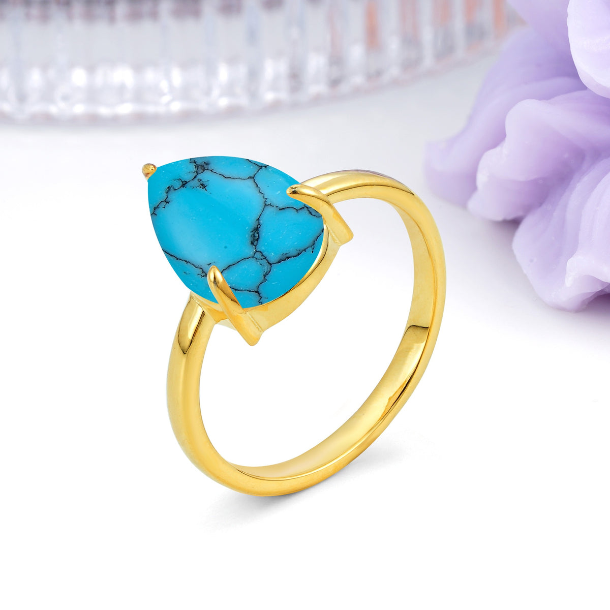 Classic Minimalist 3 Prong Pear Cut Turquoise Engagement Ring - Additional view