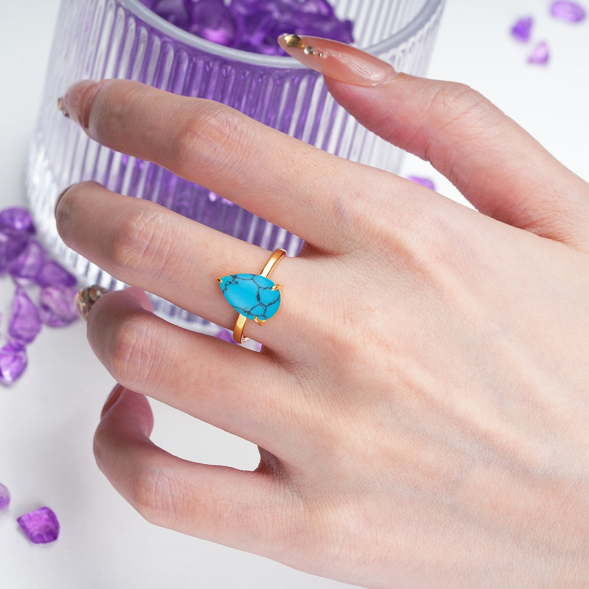 Classic Minimalist 3 Prong Pear Cut Turquoise Engagement Ring - Additional view