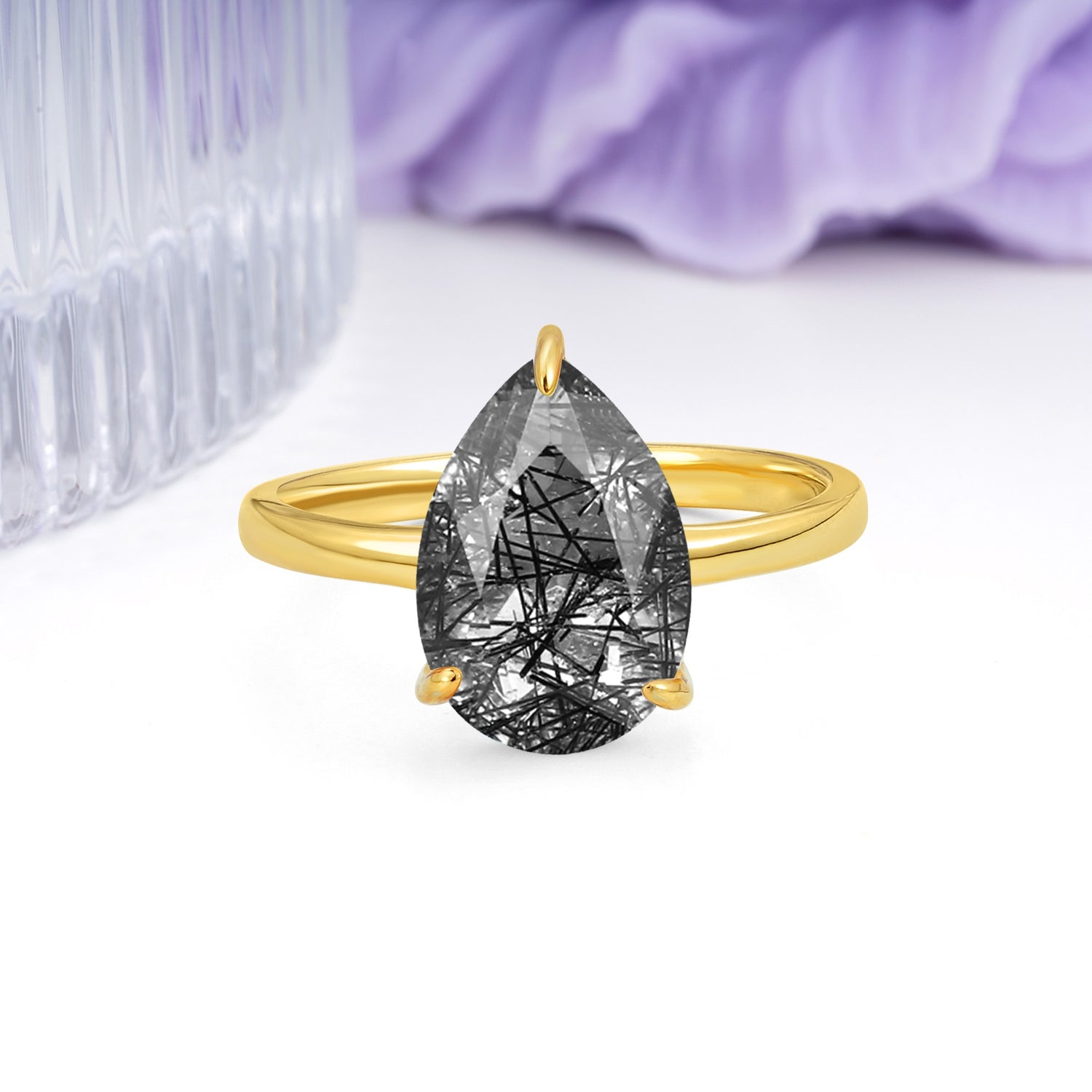 Classic Minimalist 3 Prong Pear Cut Black Rutilated Quartz Engagement Ring - Additional view