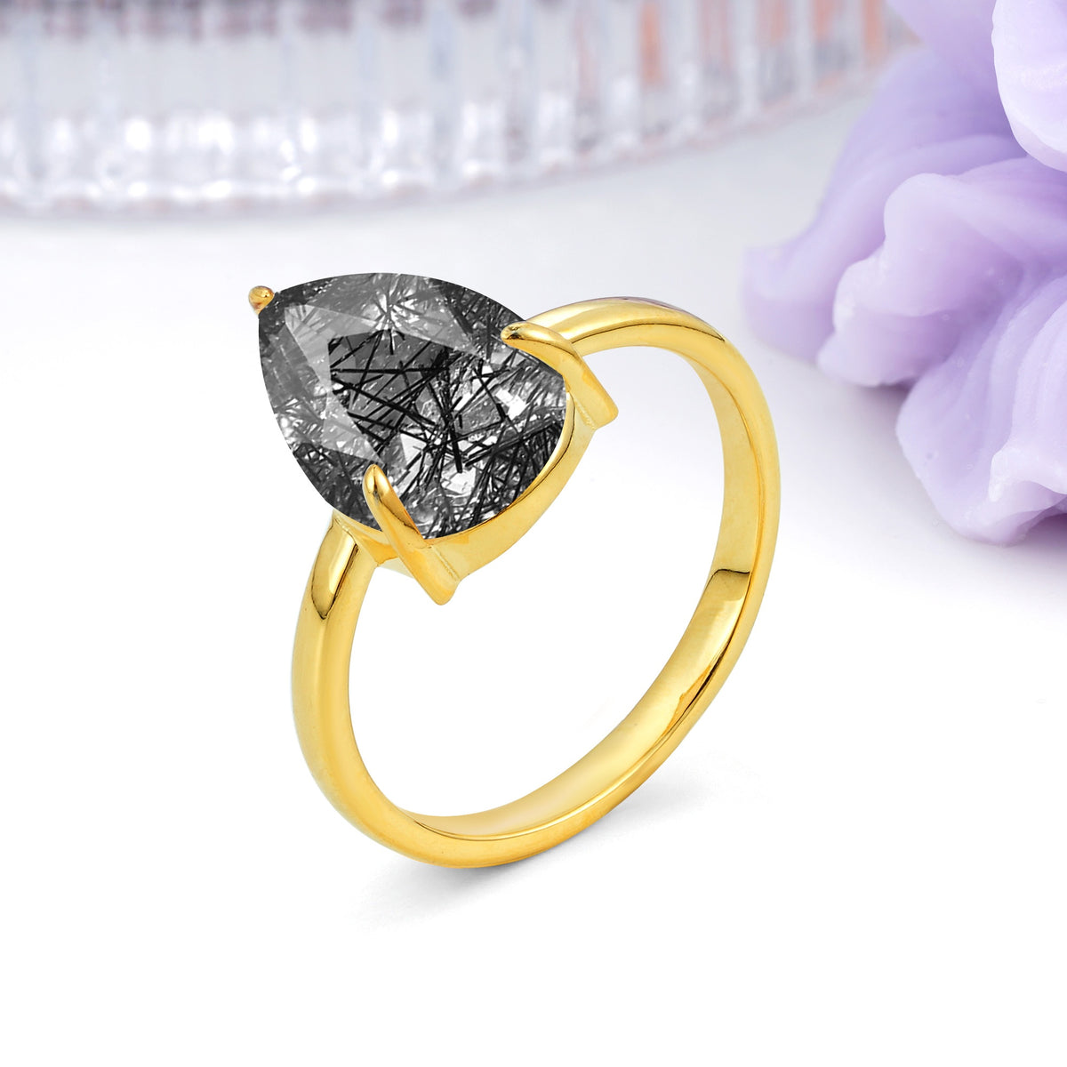 Classic Minimalist 3 Prong Pear Cut Black Rutilated Quartz Engagement Ring - Additional view