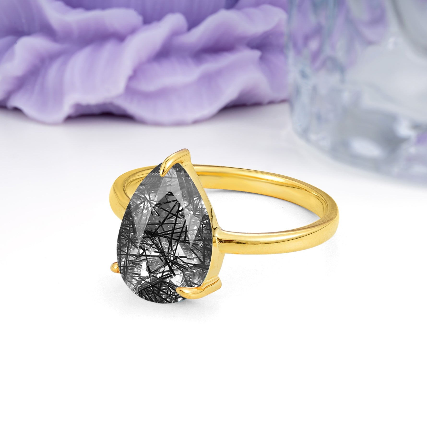 Classic Minimalist 3 Prong Pear Cut Black Rutilated Quartz Engagement Ring - Additional view
