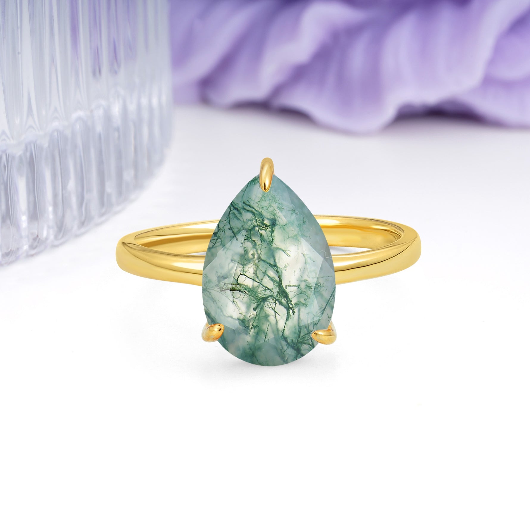 Classic Minimalist 3 Prong Pear Cut Moss Agate Engagement Ring - Additional view