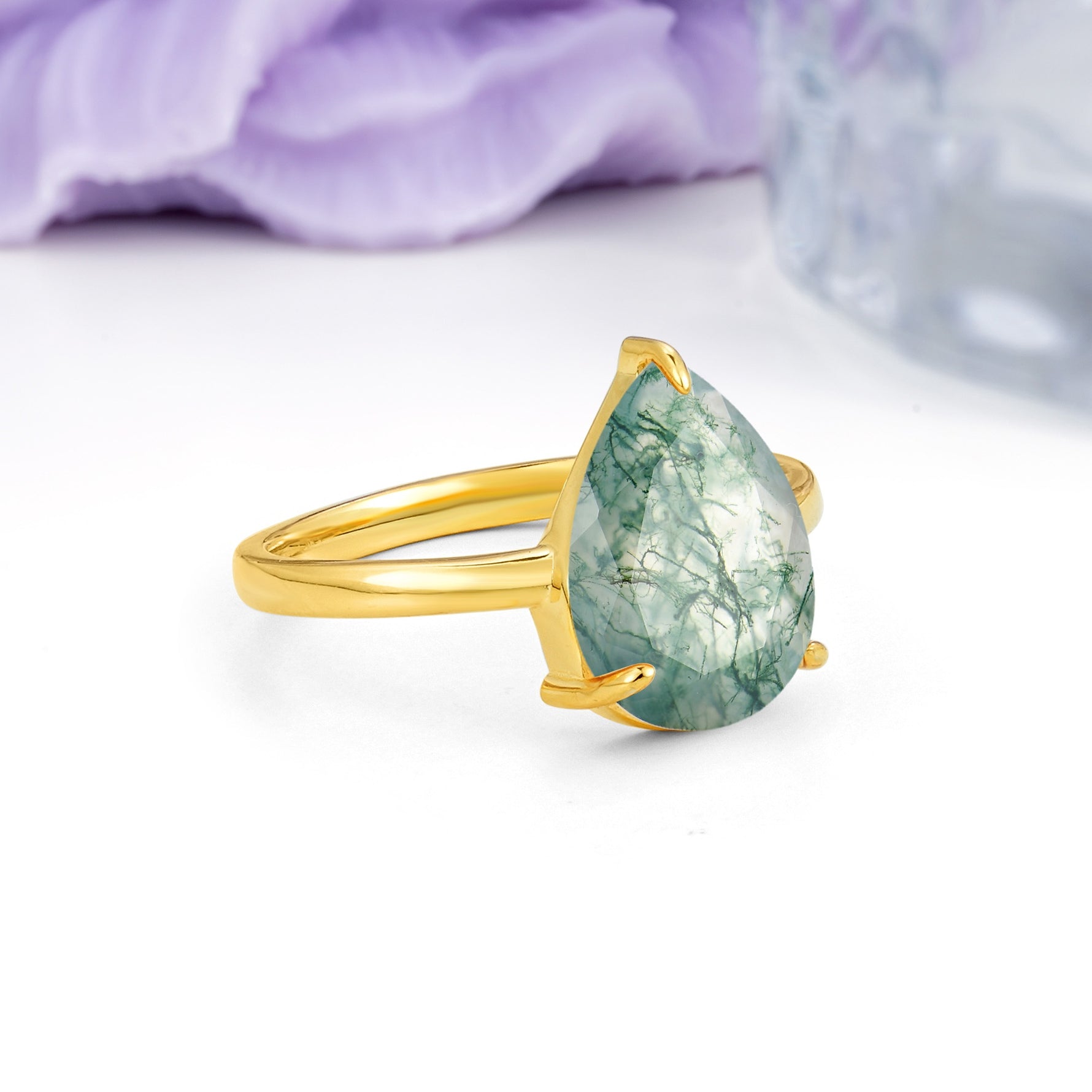 Classic Minimalist 3 Prong Pear Cut Moss Agate Engagement Ring - Additional view