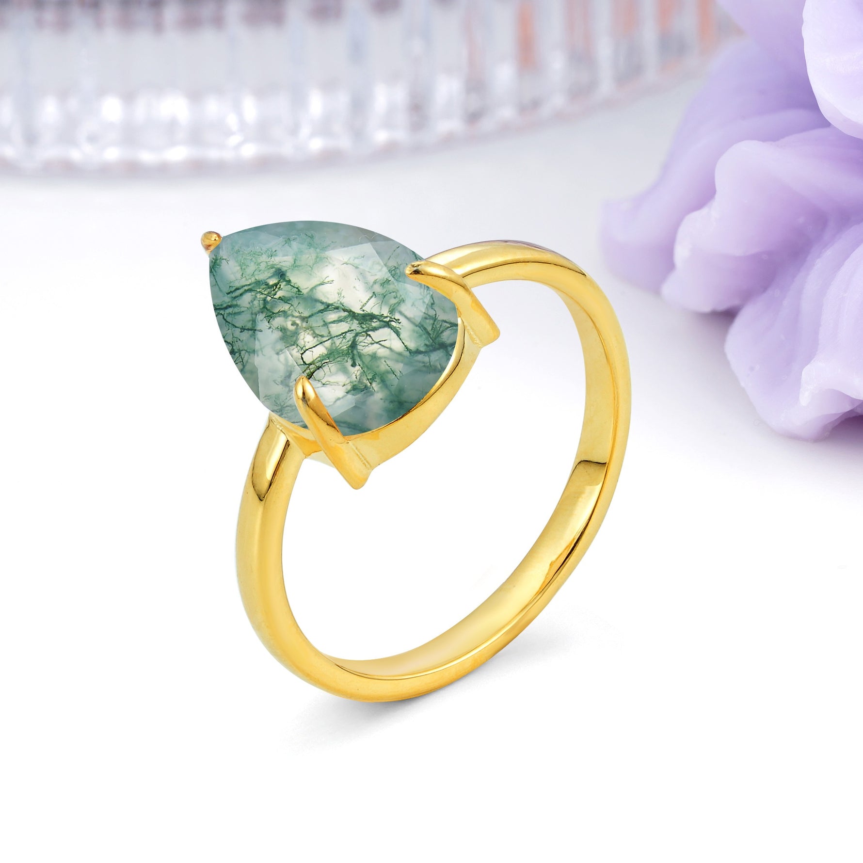 Classic Minimalist 3 Prong Pear Cut Moss Agate Engagement Ring - Additional view