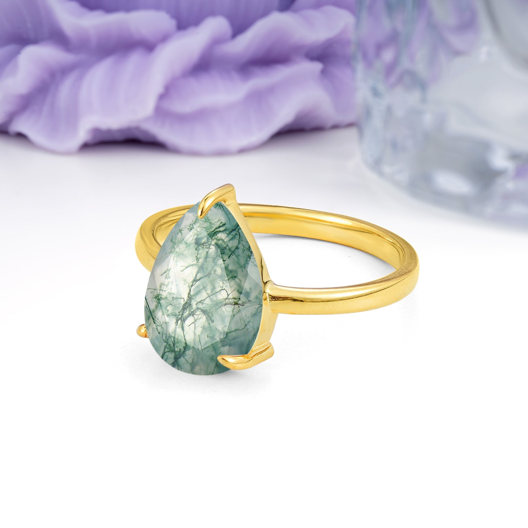 Classic Minimalist 3 Prong Pear Cut Moss Agate Engagement Ring - Additional view