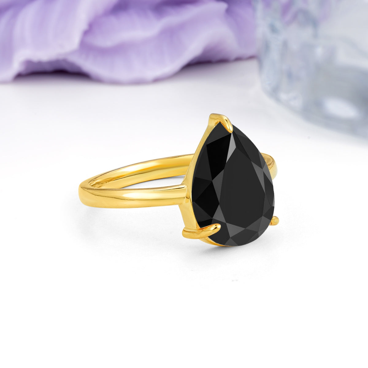Classic Minimalist 3 Prong Pear Cut Black Onyx Engagement Ring - Additional view