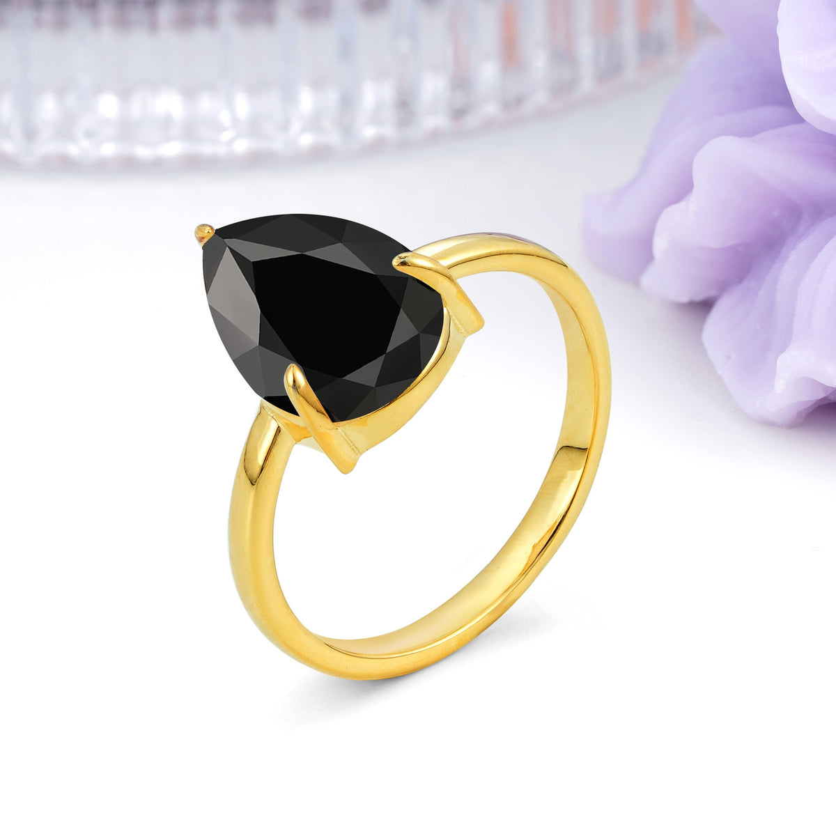 Classic Minimalist 3 Prong Pear Cut Black Onyx Engagement Ring - Additional view