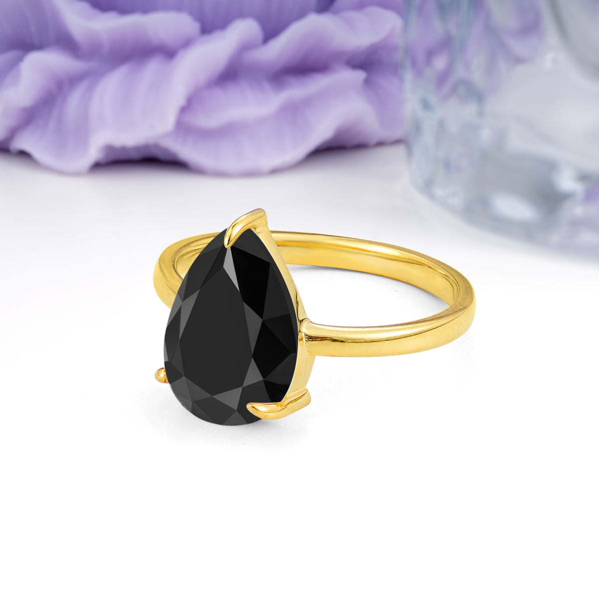 Classic Minimalist 3 Prong Pear Cut Black Onyx Engagement Ring - Additional view
