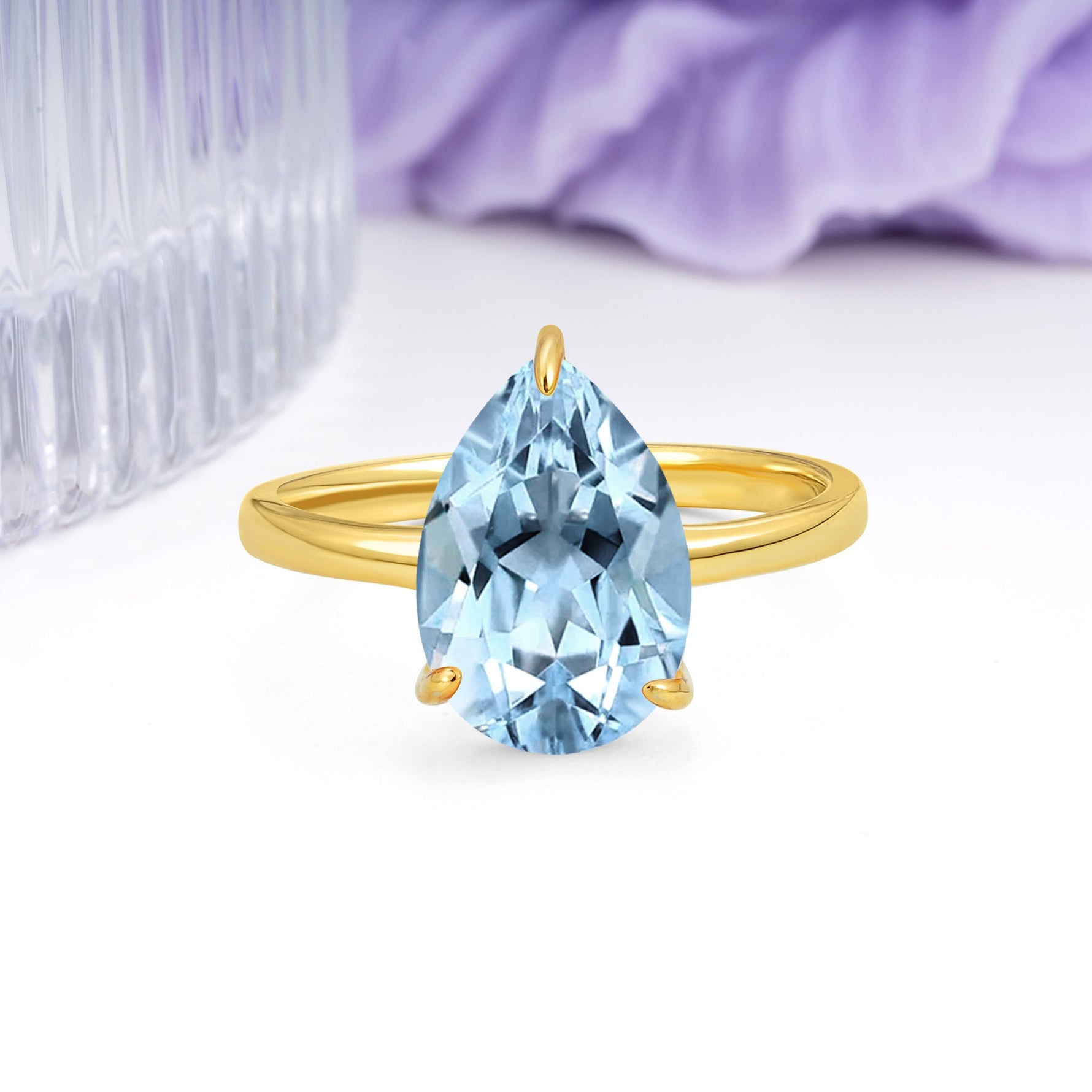 Classic Minimalist 3 Prong Pear Cut Aquamarine Engagement Ring - Additional view