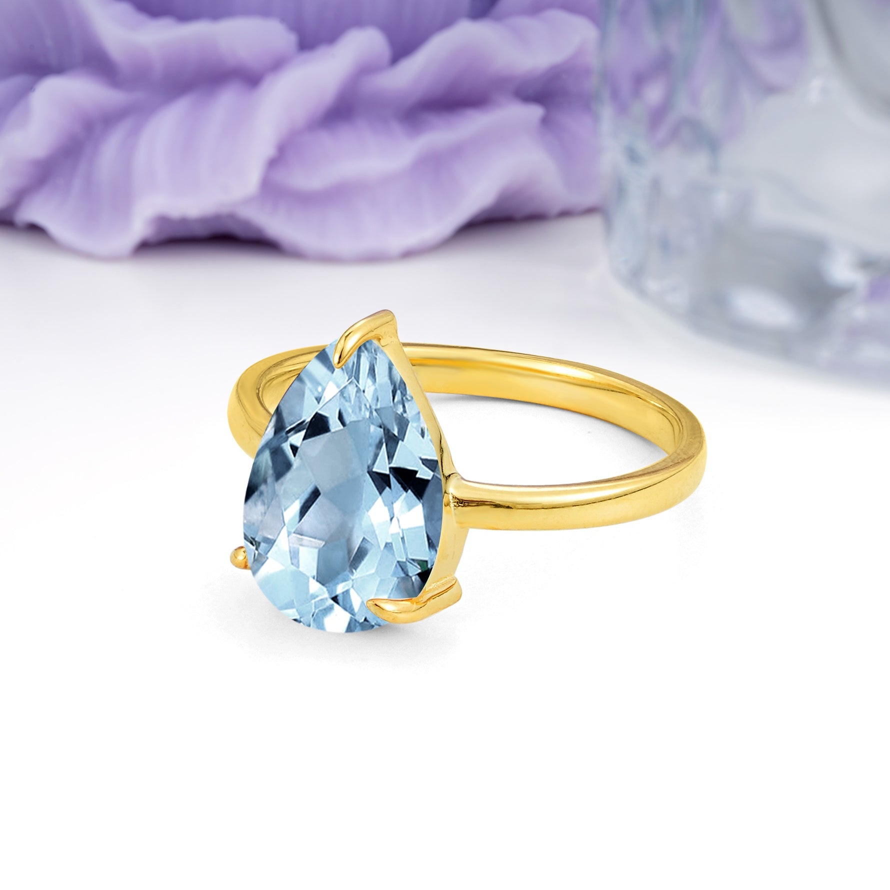Classic Minimalist 3 Prong Pear Cut Aquamarine Engagement Ring - Additional view