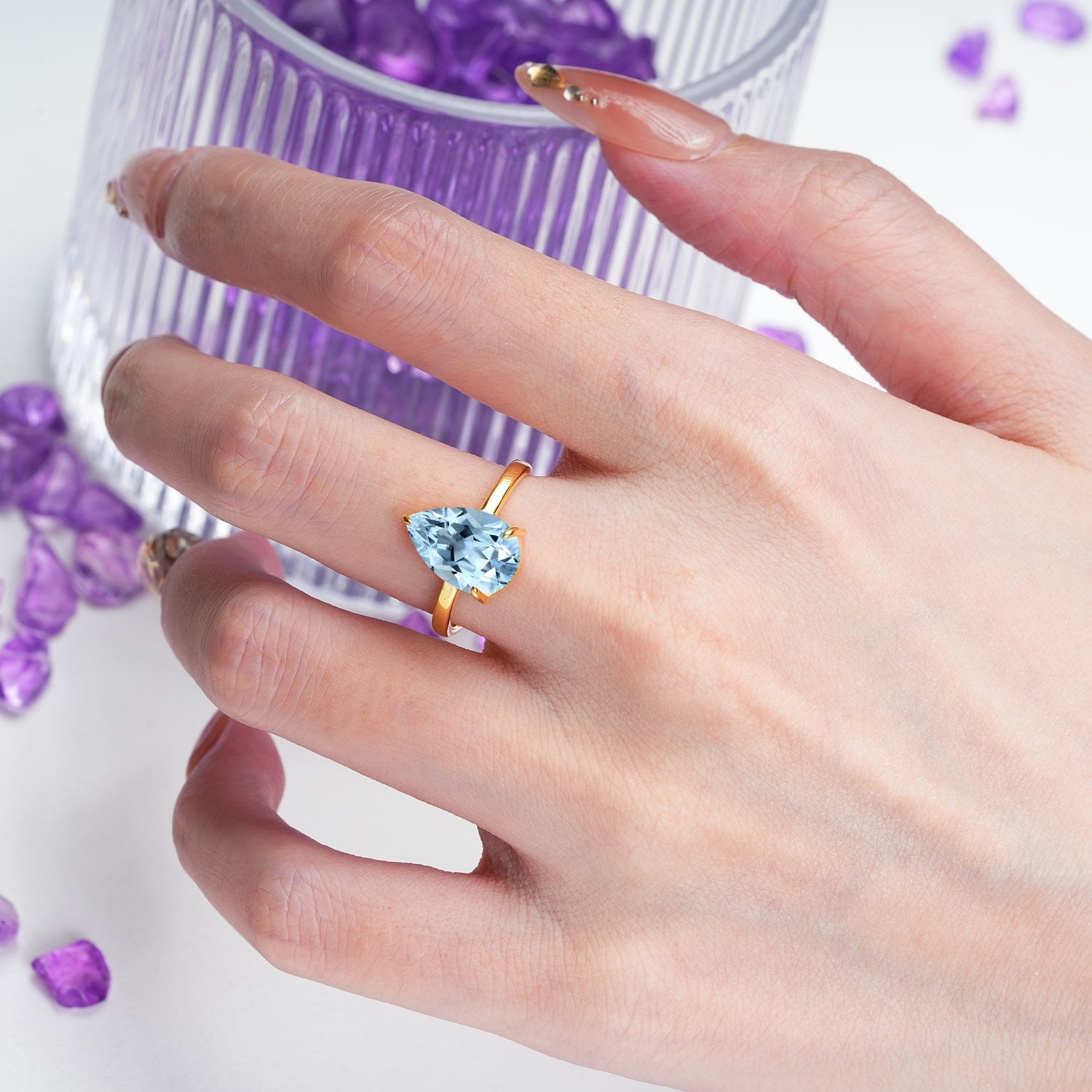 Classic Minimalist 3 Prong Pear Cut Aquamarine Engagement Ring - Additional view