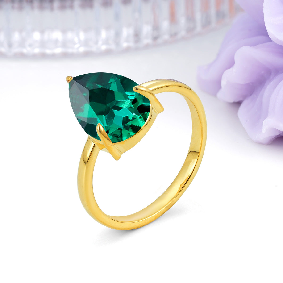 Classic Minimalist 3 Prong Pear Cut Emerald Engagement Ring - Additional view