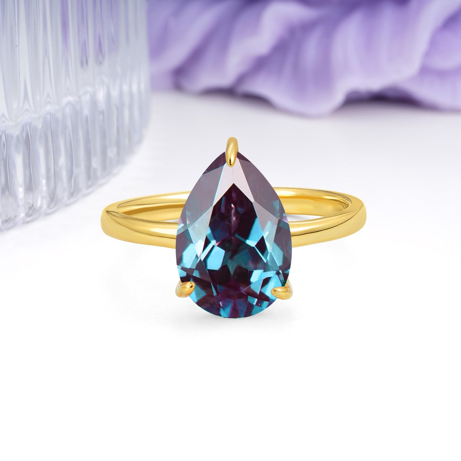 Classic Minimalist 3 Prong Pear Cut Alexandrite Engagement Ring - Additional view
