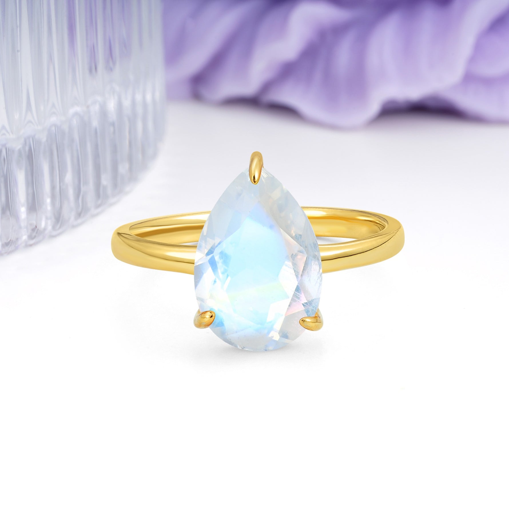 Classic Minimalist 3 Prong Pear Cut Moonstone Engagement Ring - Additional view