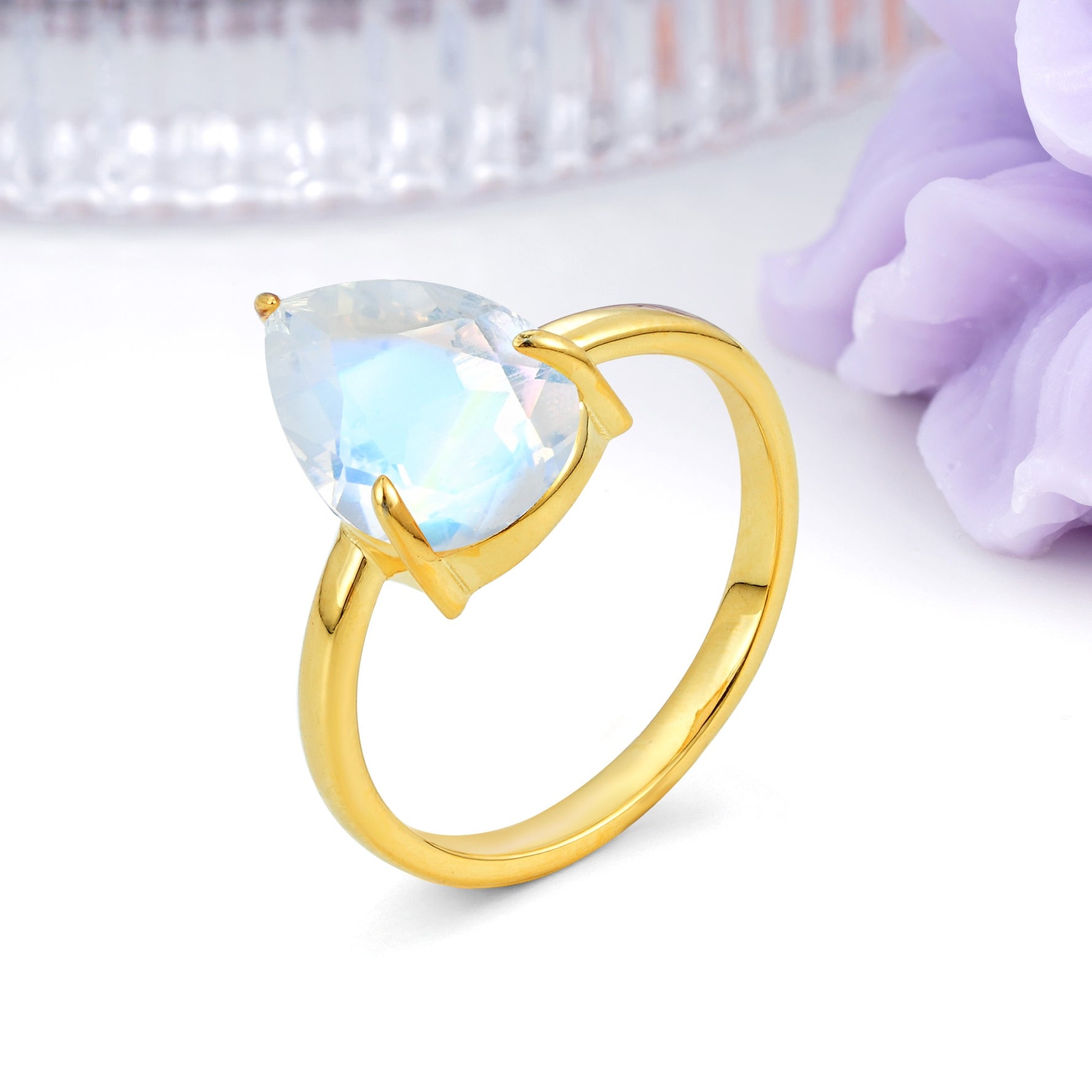 Classic Minimalist 3 Prong Pear Cut Moonstone Engagement Ring - Additional view