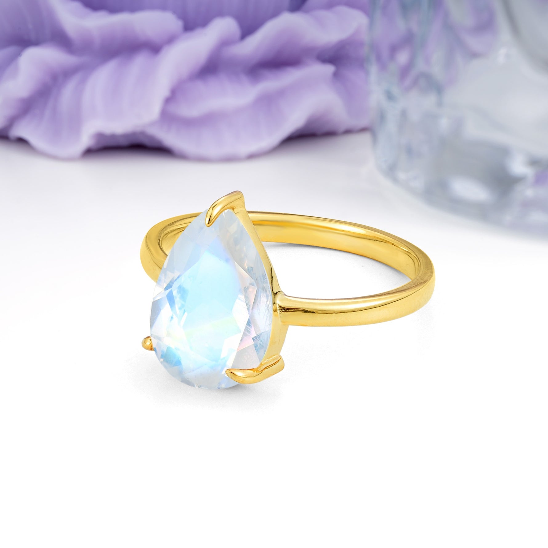 Classic Minimalist 3 Prong Pear Cut Moonstone Engagement Ring - Additional view