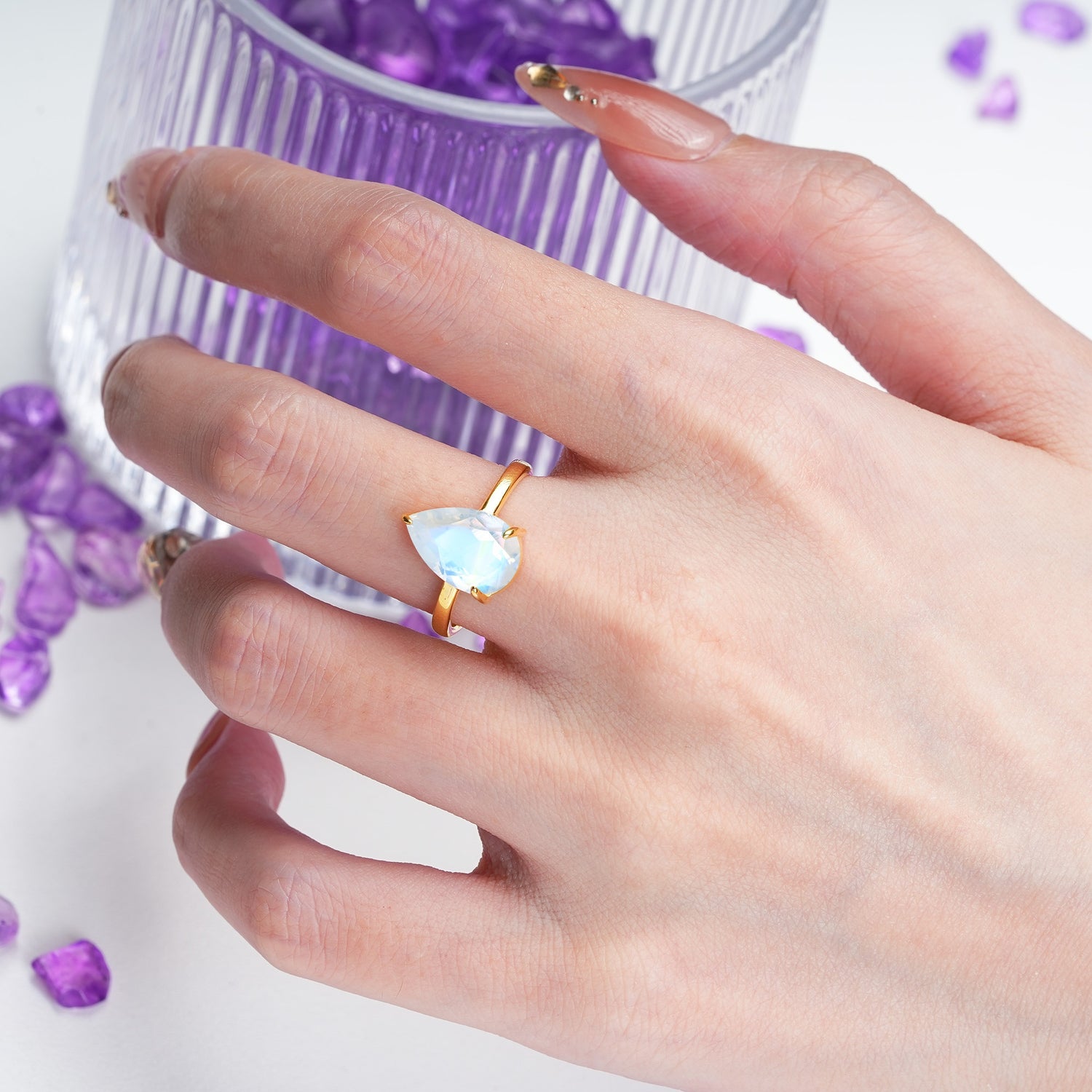 Classic Minimalist 3 Prong Pear Cut Moonstone Engagement Ring - Additional view