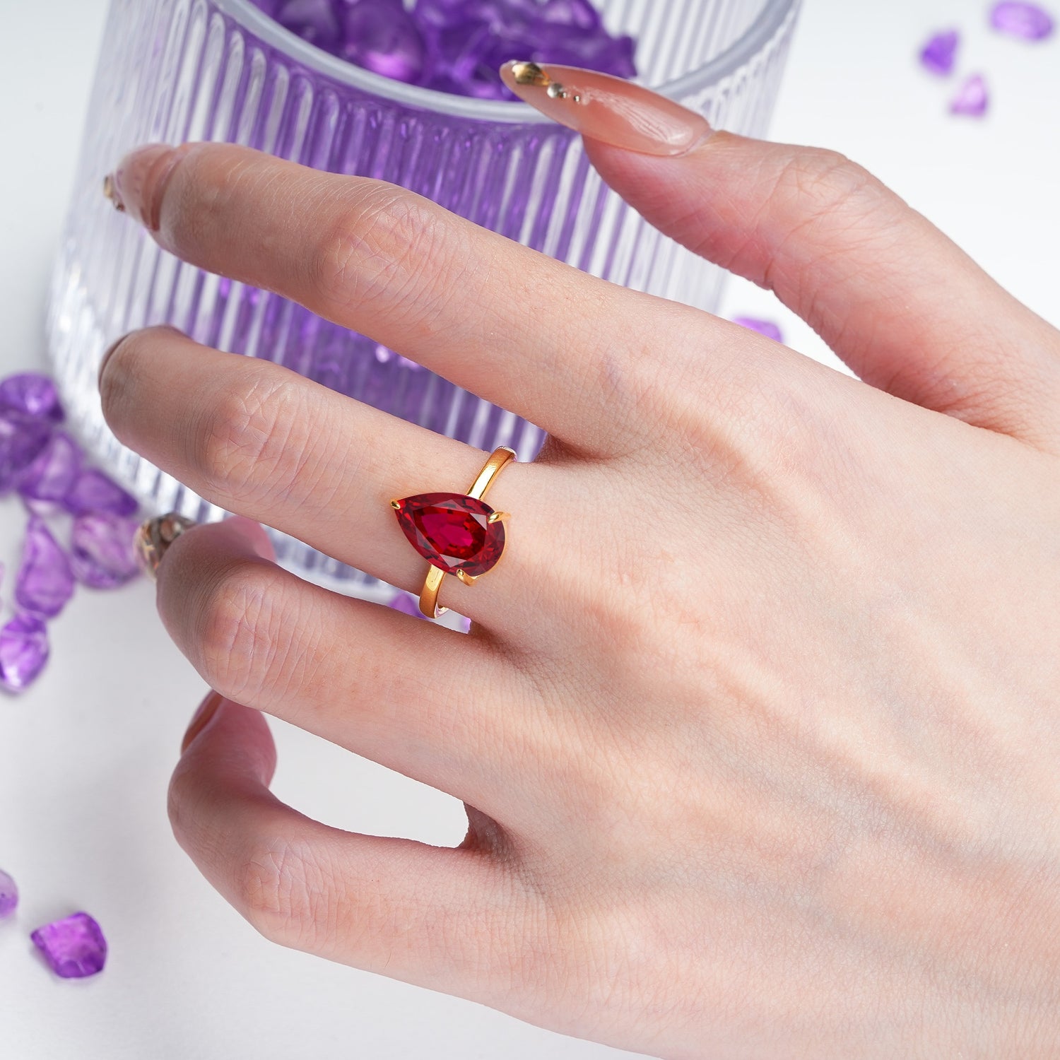 Classic Minimalist 3 Prong Pear Cut Ruby Engagement Ring - Additional view