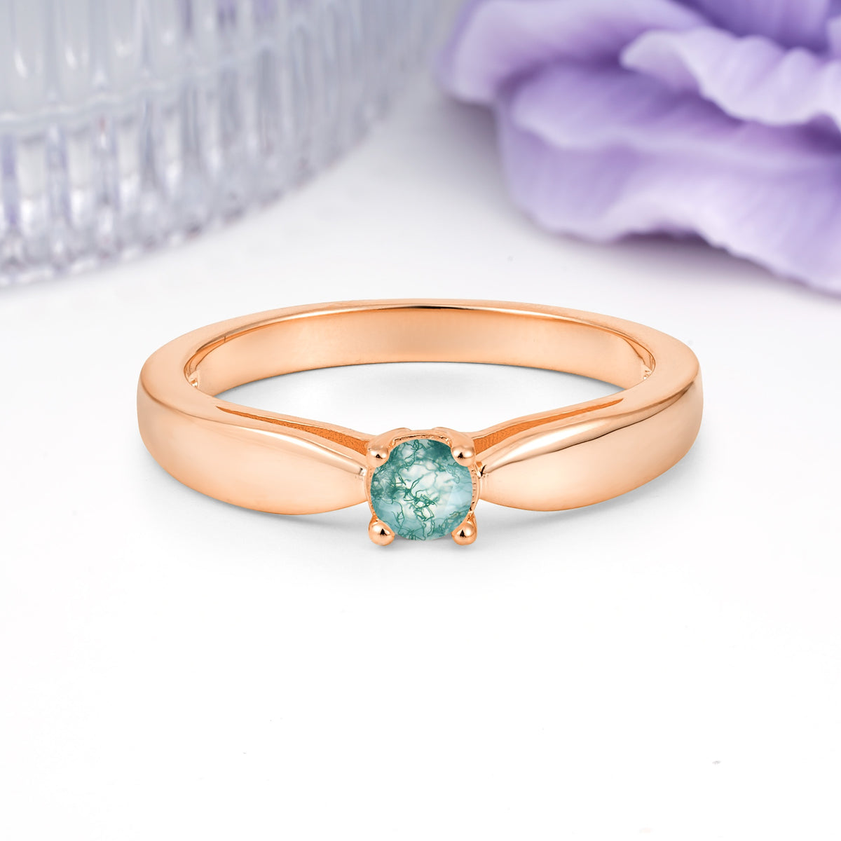Classic Minimalist 4 Prong Round Cut Moss Agate Engagement Ring - Additional view