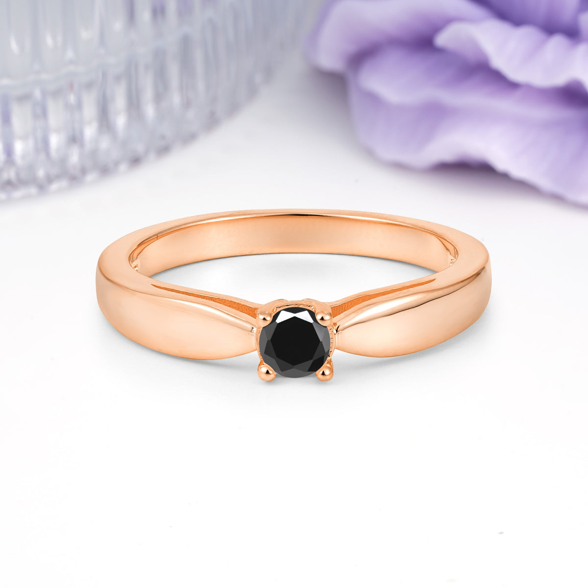Classic Minimalist 4 Prong Round Cut Black Onyx Engagement Ring - Additional view