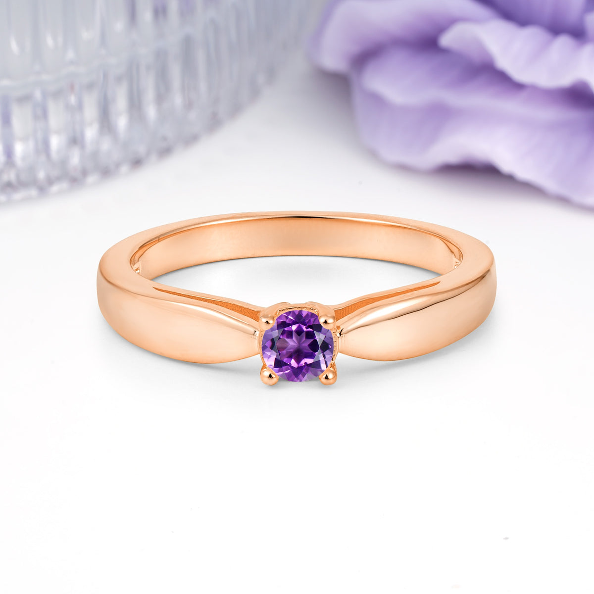 Classic Minimalist 4 Prong Round Cut Amethyst Engagement Ring - Additional view