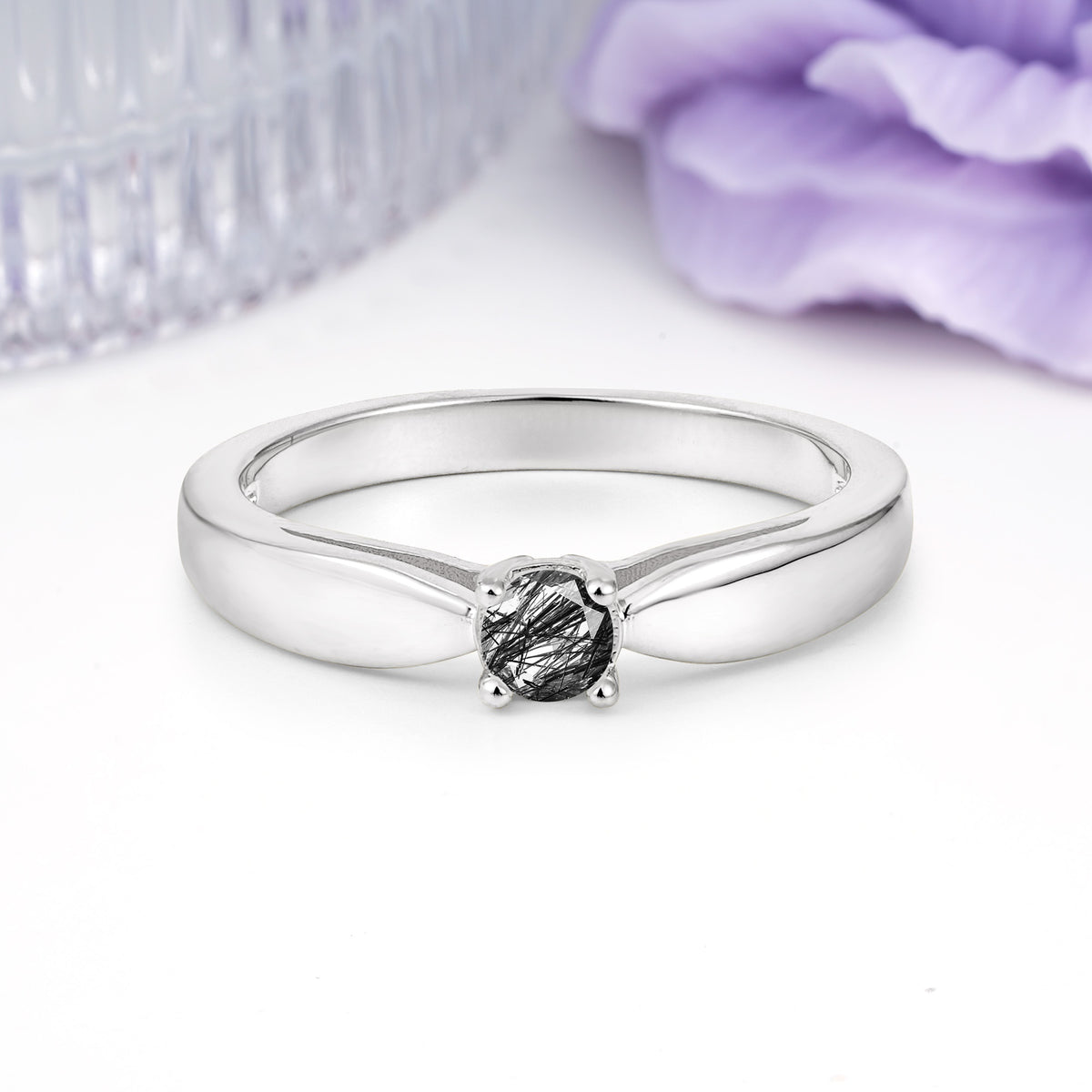 Classic Minimalist 4 Prong Round Cut Black Rutilated Quartz Engagement Ring - Additional view