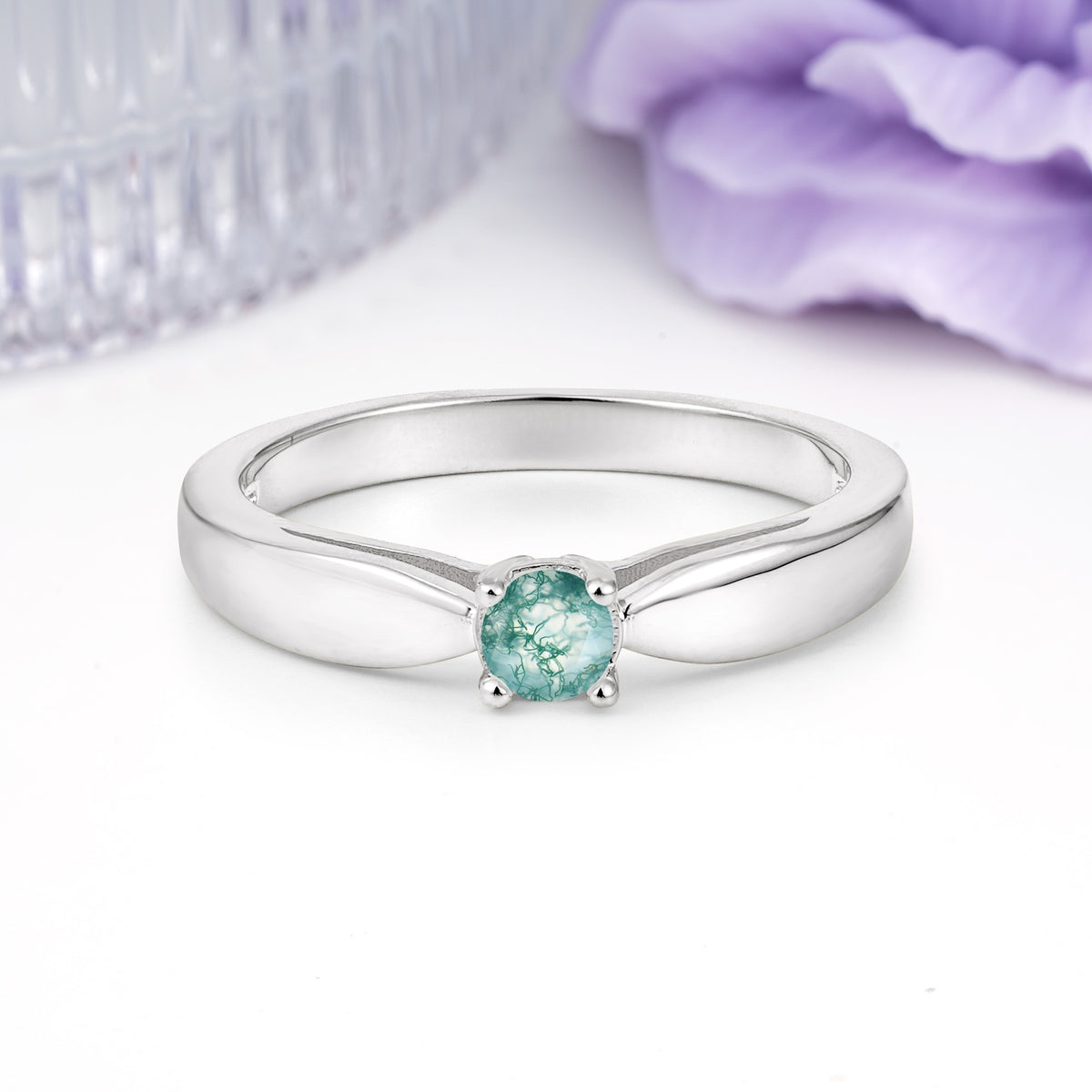Classic Minimalist 4 Prong Round Cut Moss Agate Engagement Ring - Additional view