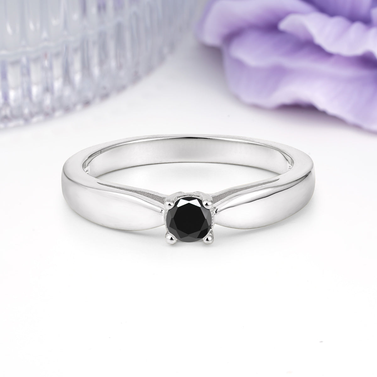 Classic Minimalist 4 Prong Round Cut Black Onyx Engagement Ring - Additional view