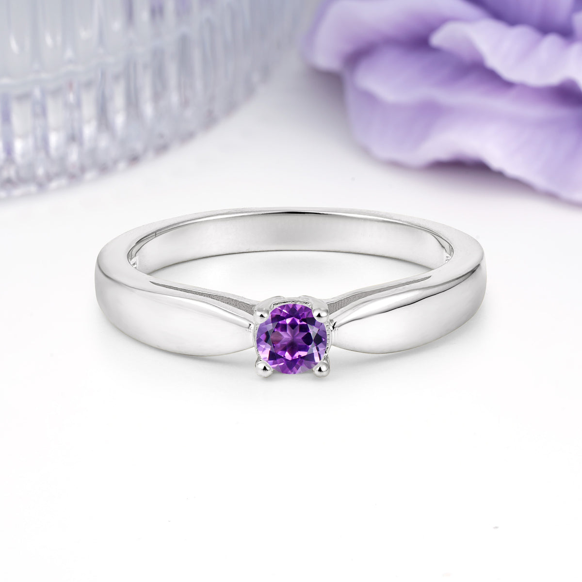 Classic Minimalist 4 Prong Round Cut Amethyst Engagement Ring - Additional view
